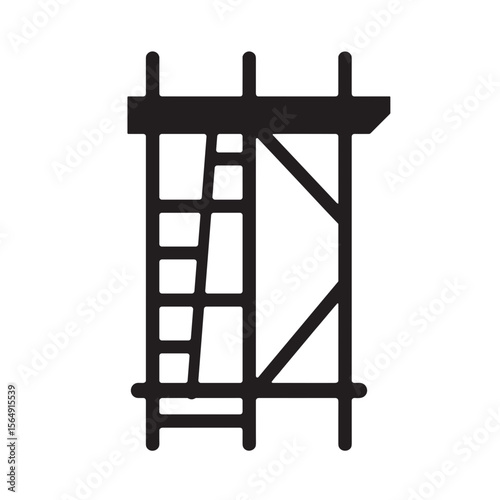Construction scaffolding with wooden platform and metal supports.  Scaffolding includes sturdy ladder for safe access.