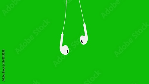 Headphones animation icon in hanging style, wired mini headset, for listening to music, green screen 4k video cartoon style