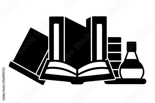 Education Still Life, Books and Flask, Black Silhouette