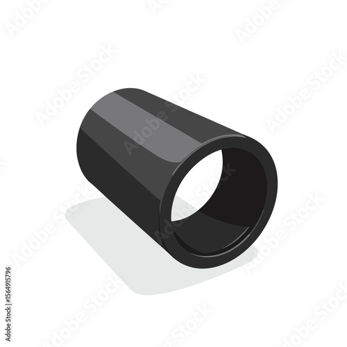 Black pipe section isolated on white background. Plumbing pipe component shows cylindrical shape and smooth surface.