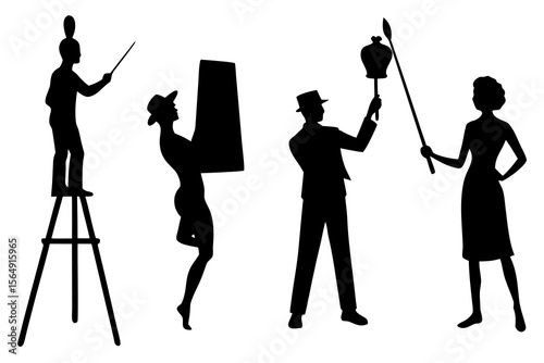Silhouettes of people performing, black and white