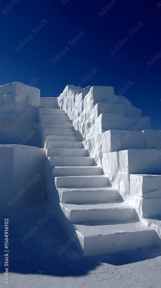 Fototapeta premium Majestic Snow Staircase Ascending to a Vivid Blue Sky A Winter Wonderland Scene