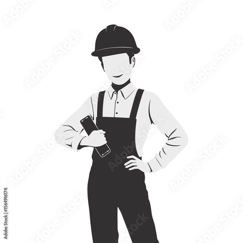 Construction worker in overalls and hard hat holding blueprints.  Professional construction worker confidently poses for company profile picture.
