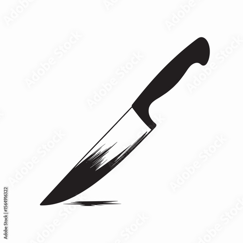 Sharp chef knife with stained blade resting on white surface. Kitchen knife with black handle is perfect for cutting meat, vegetables, and fruits.