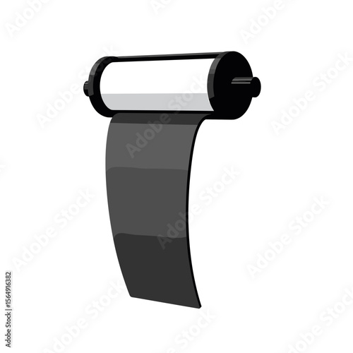 Black roll of thermal paper hanging from dispenser. This thermal paper roll is ideal for printing receipts, labels, or tickets.