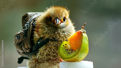 Adorable bird with backpack enjoying fruit snack