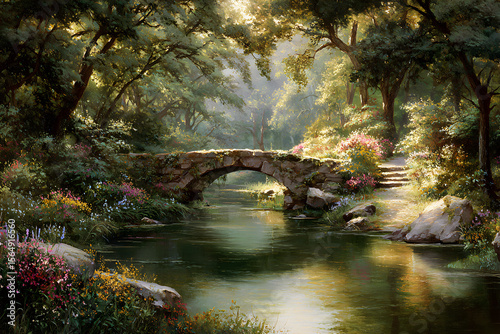 Tranquil Stone Bridge Amidst Verdant Wilderness: A Hidden Natural Sanctuary