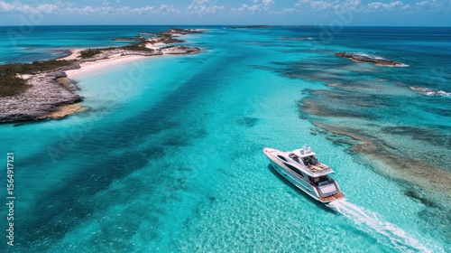 Bahamas Yacht: Aerial View of Motor Boat in Caribbean Archipelago