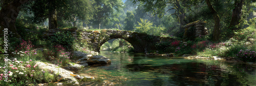 Tranquil Stone Bridge Amidst Verdant Wilderness: A Hidden Natural Sanctuary