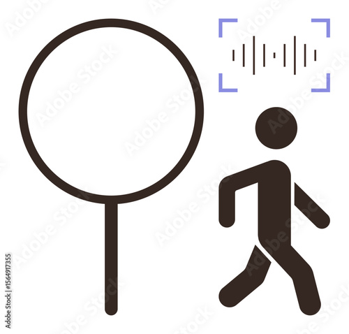 Magnifying glass, sound wave icon, and a walking figure signify pedestrian detection, AI-assisted voice analysis, and monitoring. Ideal for security, AI, tech, safety innovation privacy simple