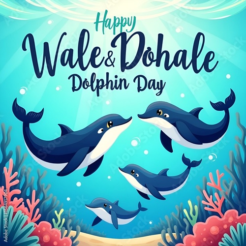 Colorful Whales and Dolphins Poster Illustration for World Whale and Dolphin Day