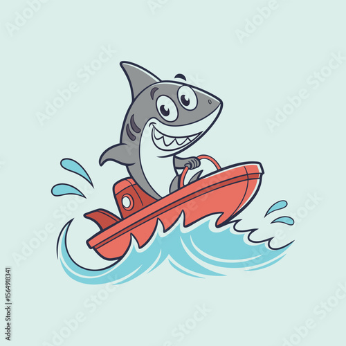 Happy cartoon shark driving a red boat through choppy blue water