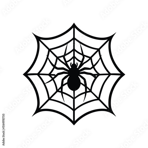Spider Silhouette in Web: A stark silhouette of a spider perched in the center of its intricate web, creating a bold and iconic graphic element suitable for themes of Halloween, fear.