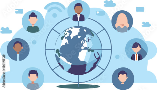 Illustration of a globe surrounded by diverse avatars connected by a network on a light blue background