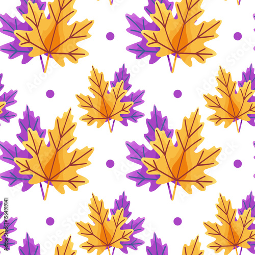Pattern with autumn oak and maple leaves in yellow, orange and purple colors. Hand drawn. Isolated on white background. Vector