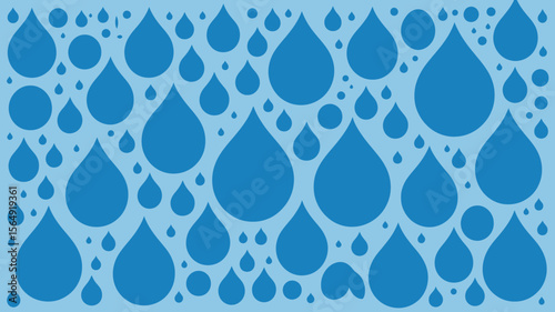An illustration of various sized blue water droplets and circles on a light blue background pattern design