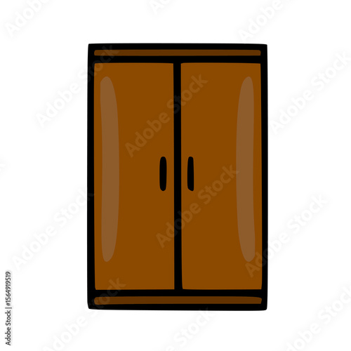 Simple vector illustration of a brown wooden wardrobe with two doors and black handles, suitable for childrens room design or minimalist home decor.