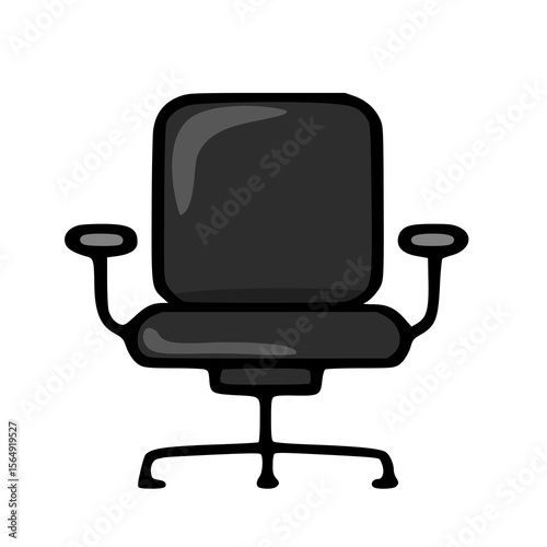 Simple vector illustration of a black office chair, front view, with rounded edges and armrests, suitable for presentations or web design.