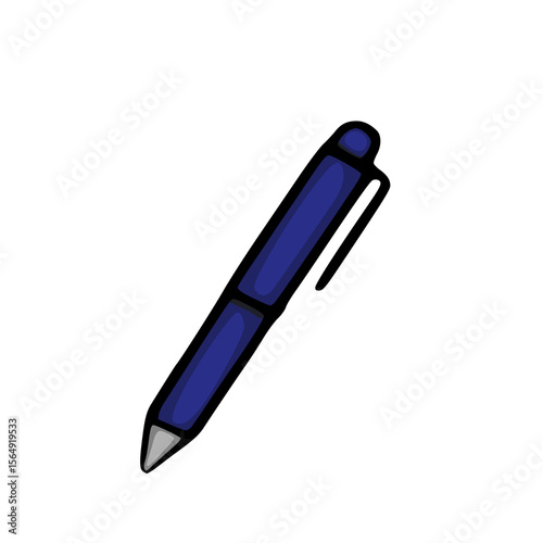 A vector illustration of a dark blue ballpoint pen, depicted in a simple, hand-drawn style with a slightly angled perspective, showcasing its metallic grey tip and clip.