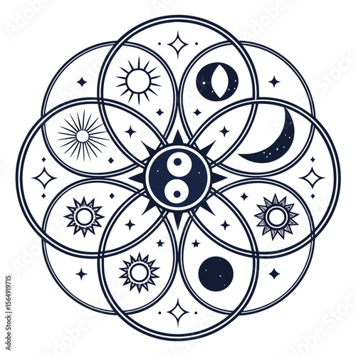 8 Galaxy Inspired Mandala Icons with Stars Moons and Sun Flares symbols science illustration pattern mystical wellness astrology zodiac 