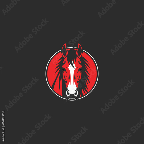 Minimal Stoic Horse Face Logo in Red, Black & White Circle on Dark Background – Vector Design