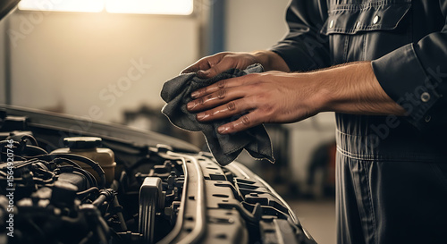 Oily Hands Wiping Rag over Car Engine in Workshop