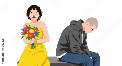 Woman laughing with flowers next to a man looking down in a hoodie