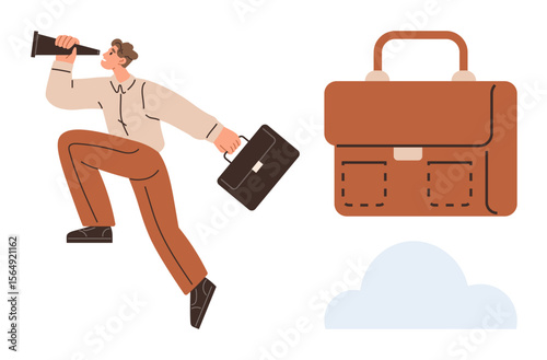 Man holding briefcase and telescope, symbolizing ambition, career growth, exploration, future planning. Ideal for business strategy, leadership, career success, opportunities motivation vision