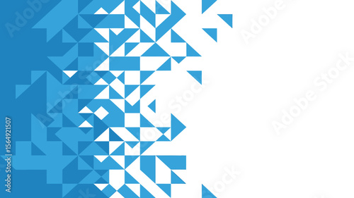 A blue and white geometric pattern with triangles fading into a white background on the right side