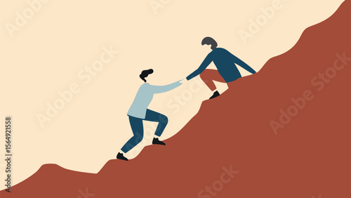 Aiding climber ascends mountain with assistance from friend reaching down to help on the steep incline