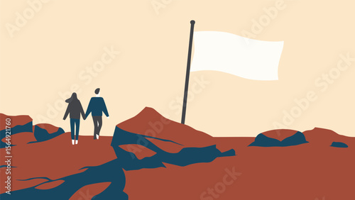 A couple holding hands walking towards a white flag on a rocky terrain under a light colored sky view