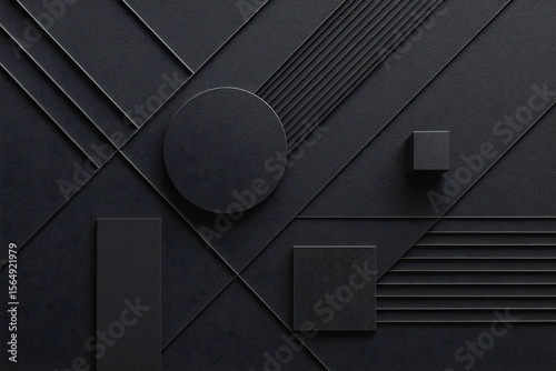 Graphic design featuring textured geometric shapes arranged on a dark background creating a modern visual composition