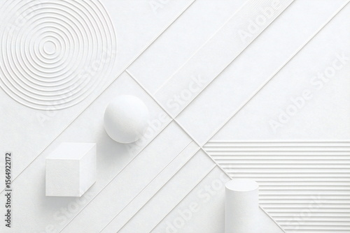 Graphic concept featuring white geometric shapes and textures in a minimalist design