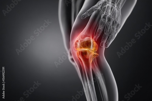 A close-up of the knee pain, set against a gray background. The focus is on detailed anatomy and texture.