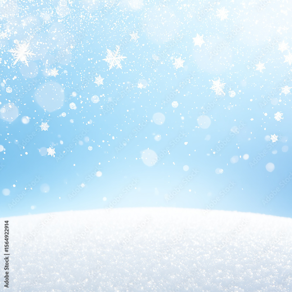 Fototapeta premium Gentle snowfall blankets a pristine white landscape under a soft blue sky