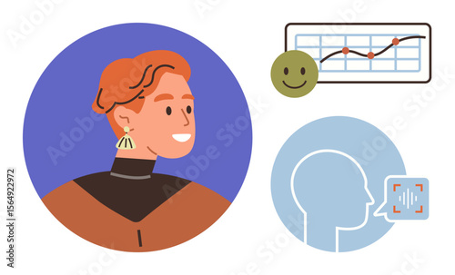 Profile of a person paired with a happy face, analytics graph, and voice recognition icon. Ideal for AI, emotion analytics, user feedback, speech tech, innovation, human-computer interaction
