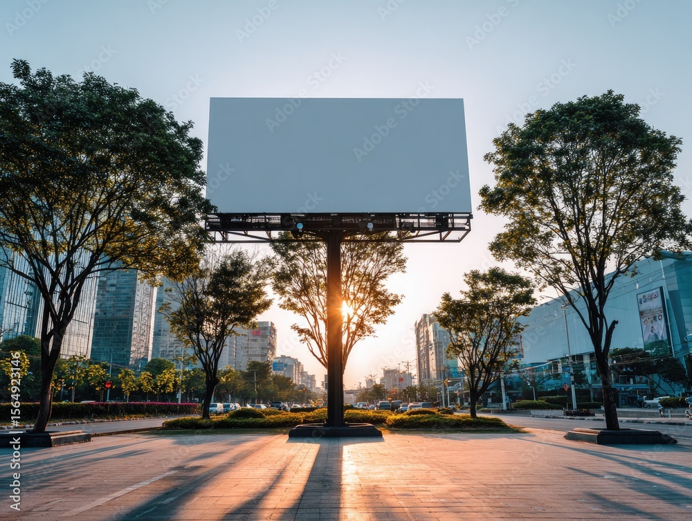 Fototapeta premium Blank white billboard at sunrise. Empty street-level advertising panel framed by city trees and modern buildings. Space for bold brand direction and new campaign momentum. Ideal for outdoor