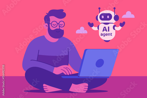 AI Agent with Man Using Laptop in Flat Minimalist Style

