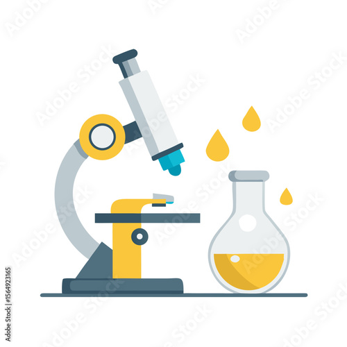 Microscope and Yellow Liquid Beaker - Science Research Vector Art