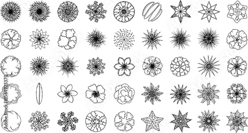 Tree top view line art illustration set featuring diverse hand drawn tree shapes. Ideal for landscape design, architectural plans, and urban planning visuals for maps, blueprints, 