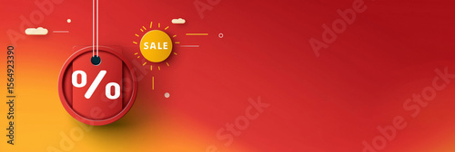 End of Summer Sale banner with clock and discount tag for digital promotions, 3:1 layout in red-orange gradient with copy space on right for urgent marketing content