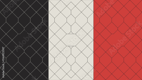 A vertical tricolor pattern of black, white, and red with a geometric overlay of diamond shapes