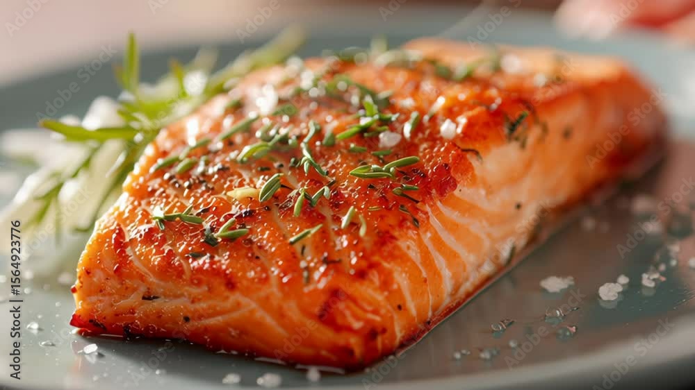 Fresh cooked salmon fish fillet garnished with herbs and salt plate, highlighting healthy seafood dish supporting nutritious diet and longevity with