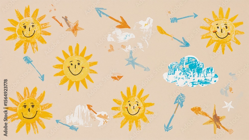 Naklejka premium Playful handcrafted art with smiling suns and clouds