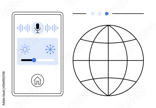 Mobile interface with microphone icon, sound waves, controls for sun and snow icons, slider. Grid globe highlighting connectivity. Ideal for automation, AI, IoT, smart technology energy remote