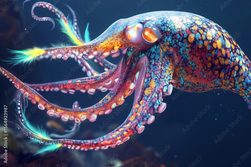 Giant squid displaying vibrant fluorescent feathers on its tentacles in a deep ocean habitat Giant squid displaying vibrant fluorescent feathers on its tentacles in a deep ocean habitat