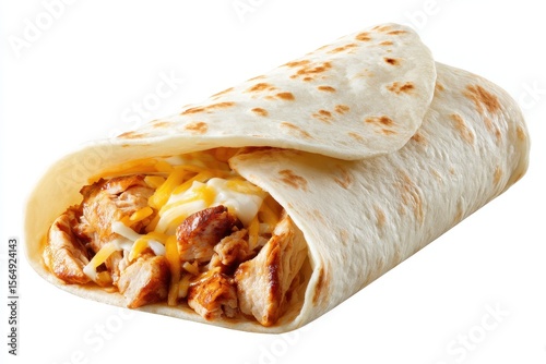 Burrito on White Background. Delicious Mexican Meal with Chicken and Tortilla