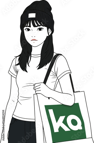 Illustration of a girl with a beanie and a tote bag with a logo on it