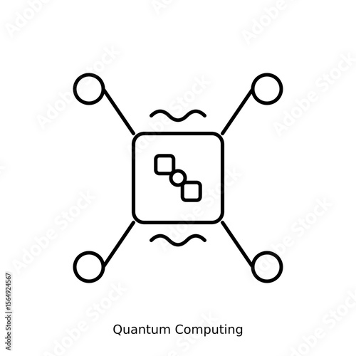 Quantum computing outline icon with hover effect animation. Thick line drawing featuring quantum processor, qubits, entanglement connections. Scales 15% on hover, color changes black to dark gray
