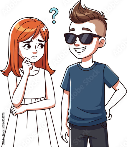 Cartoon image of a girl looking confused next to a smiling boy with shades